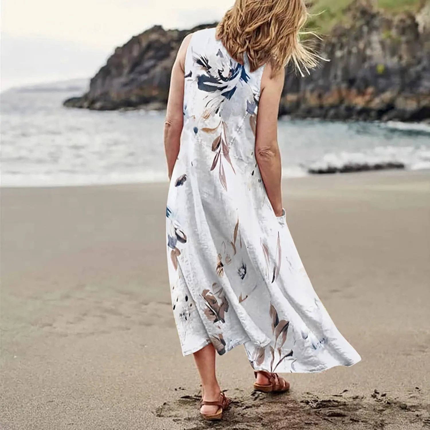 TWGONE Summer Dresses for Women Beach Boho Sleeveless Floral Flowy Pockets Casual Tshirt Tank Sundresses