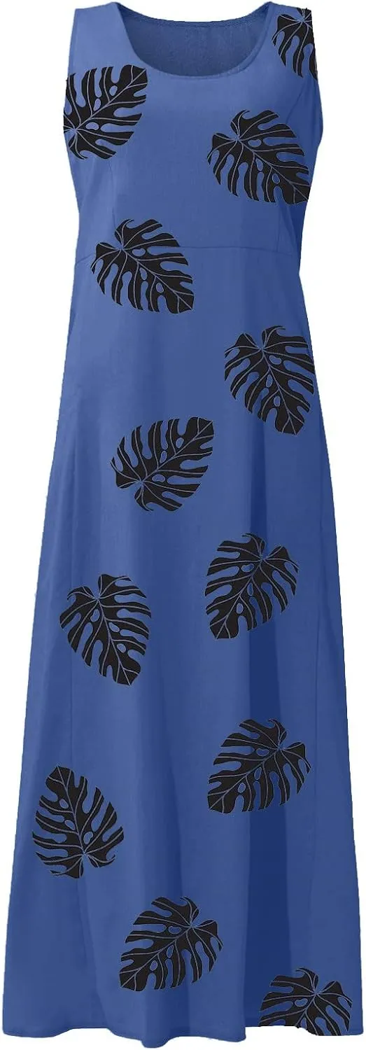 TWGONE Summer Dresses for Women Beach Boho Sleeveless Floral Flowy Pockets Casual Tshirt Tank Sundresses