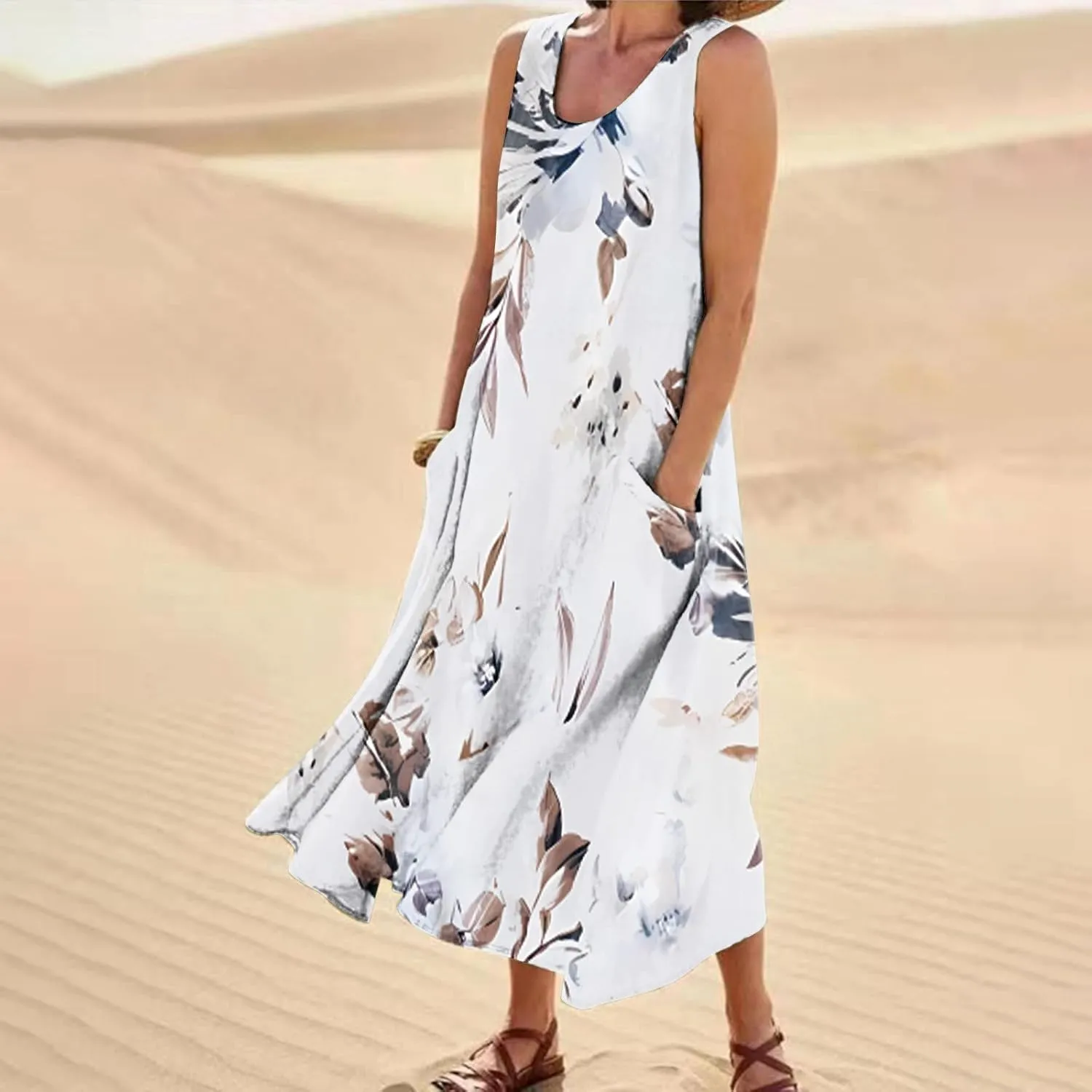 TWGONE Summer Dresses for Women Beach Boho Sleeveless Floral Flowy Pockets Casual Tshirt Tank Sundresses