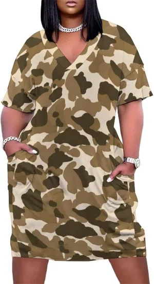 Vintage Camouflage Midi Dresses Plus Size Woman Dress Casual Loose V Neck Short Sleeve T Shirt Dresse Lightweigh