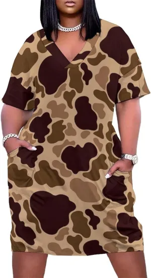 Vintage Camouflage Midi Dresses Plus Size Woman Dress Casual Loose V Neck Short Sleeve T Shirt Dresse Lightweigh