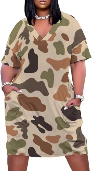 Vintage Camouflage Midi Dresses Plus Size Woman Dress Casual Loose V Neck Short Sleeve T Shirt Dresse Lightweigh