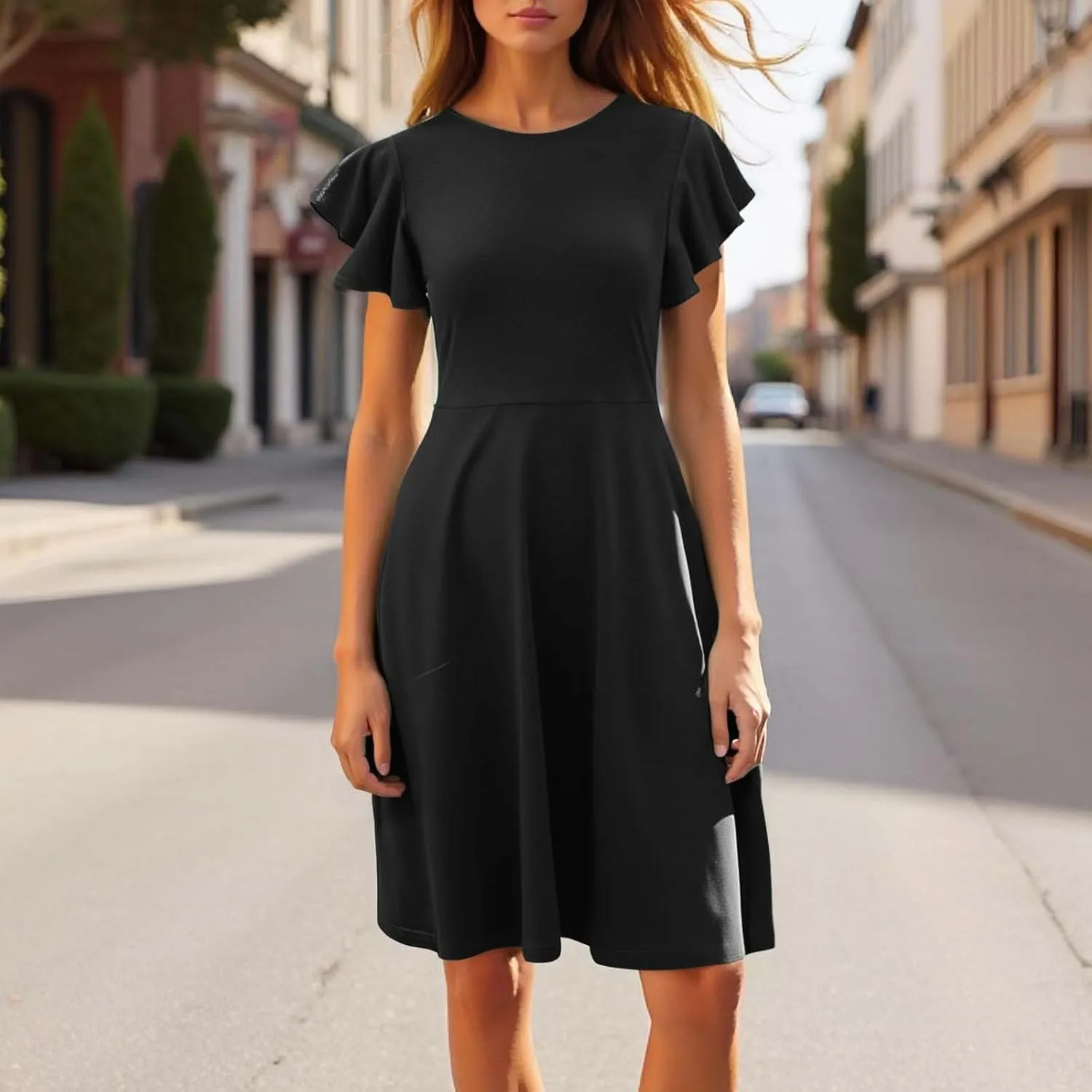 Vintage Summer Dress for Women High Waisted A Line Midi Dresses Round Neck Ruffle Short Sleeve Office Outfits