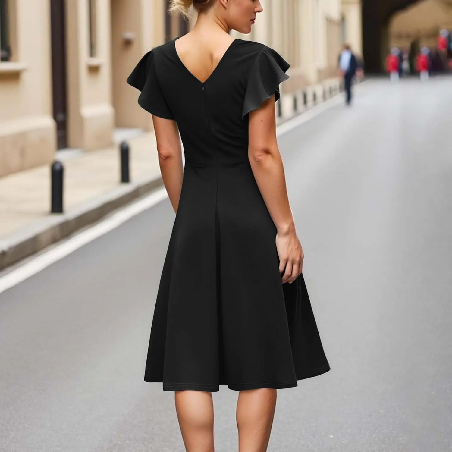 Vintage Summer Dress for Women High Waisted A Line Midi Dresses Round Neck Ruffle Short Sleeve Office Outfits