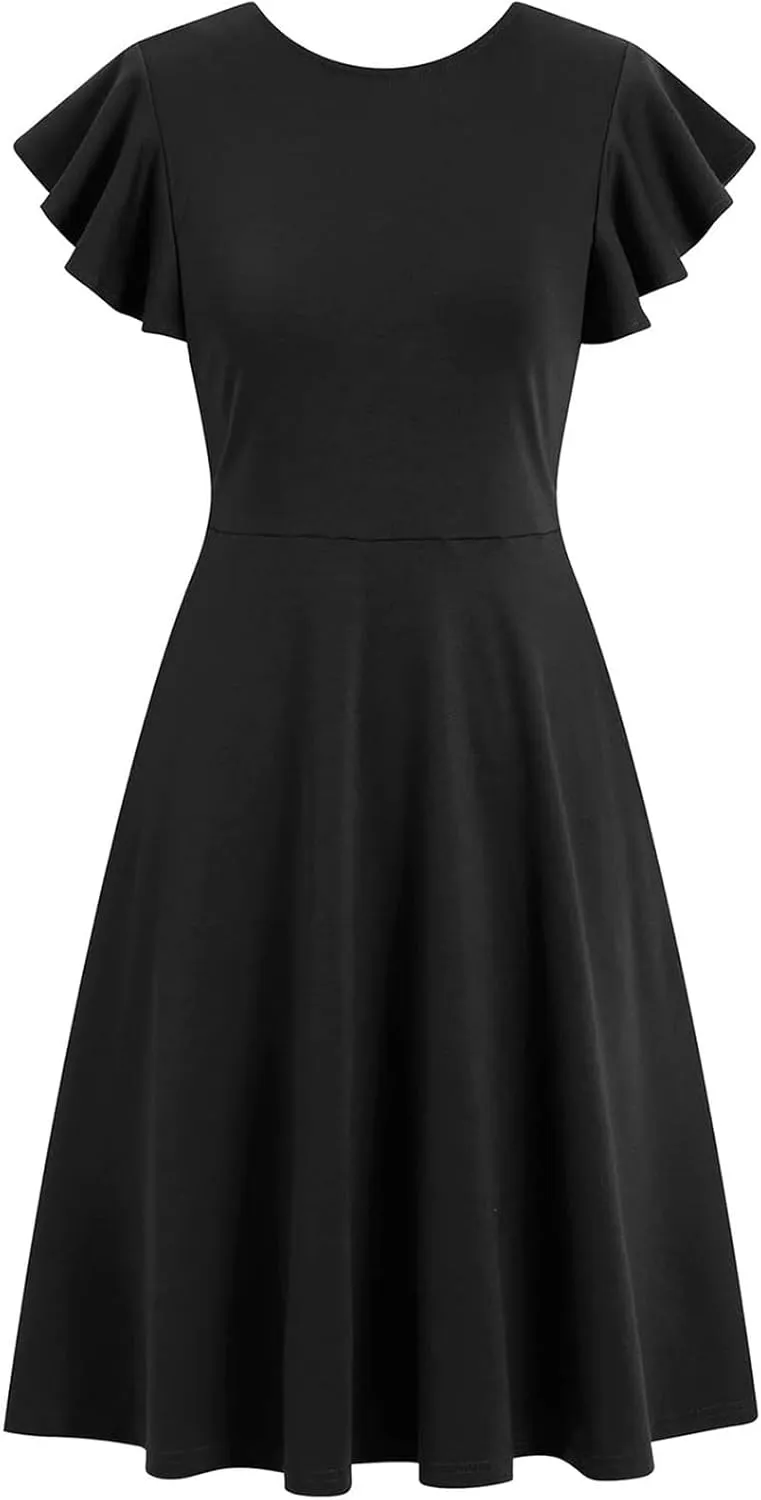 Vintage Summer Dress for Women High Waisted A Line Midi Dresses Round Neck Ruffle Short Sleeve Office Outfits