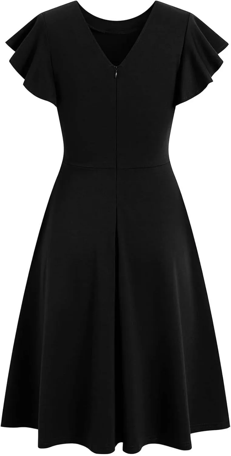 Vintage Summer Dress for Women High Waisted A Line Midi Dresses Round Neck Ruffle Short Sleeve Office Outfits