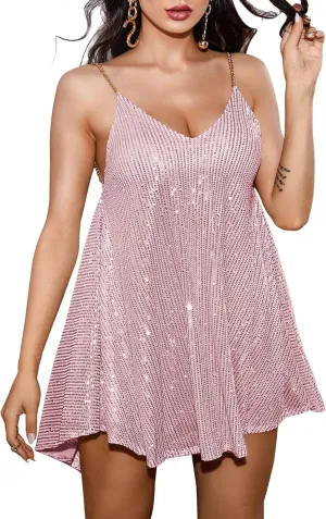 Wenrine Women's Sequin Dress Sexy V Neck Spaghetti Strap Backless Mini Dresses Club Party Dresses