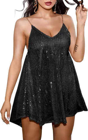 Wenrine Women's Sequin Dress Sexy V Neck Spaghetti Strap Backless Mini Dresses Club Party Dresses