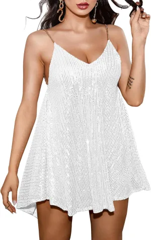 Wenrine Women's Sequin Dress Sexy V Neck Spaghetti Strap Backless Mini Dresses Club Party Dresses