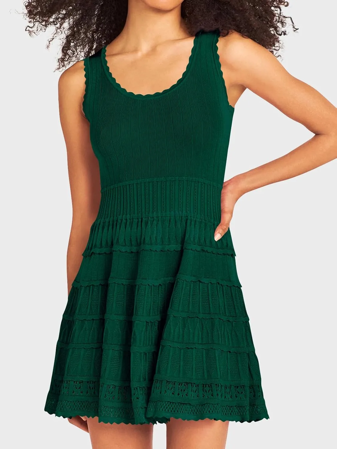 Wenrine Women's Summer Mini Dresses Sleeveless Knitted Crew Neck Casual Crochet Hem Slim Cute Tank Dress