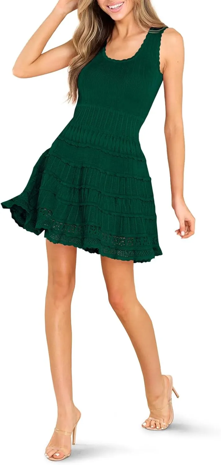 Wenrine Women's Summer Mini Dresses Sleeveless Knitted Crew Neck Casual Crochet Hem Slim Cute Tank Dress
