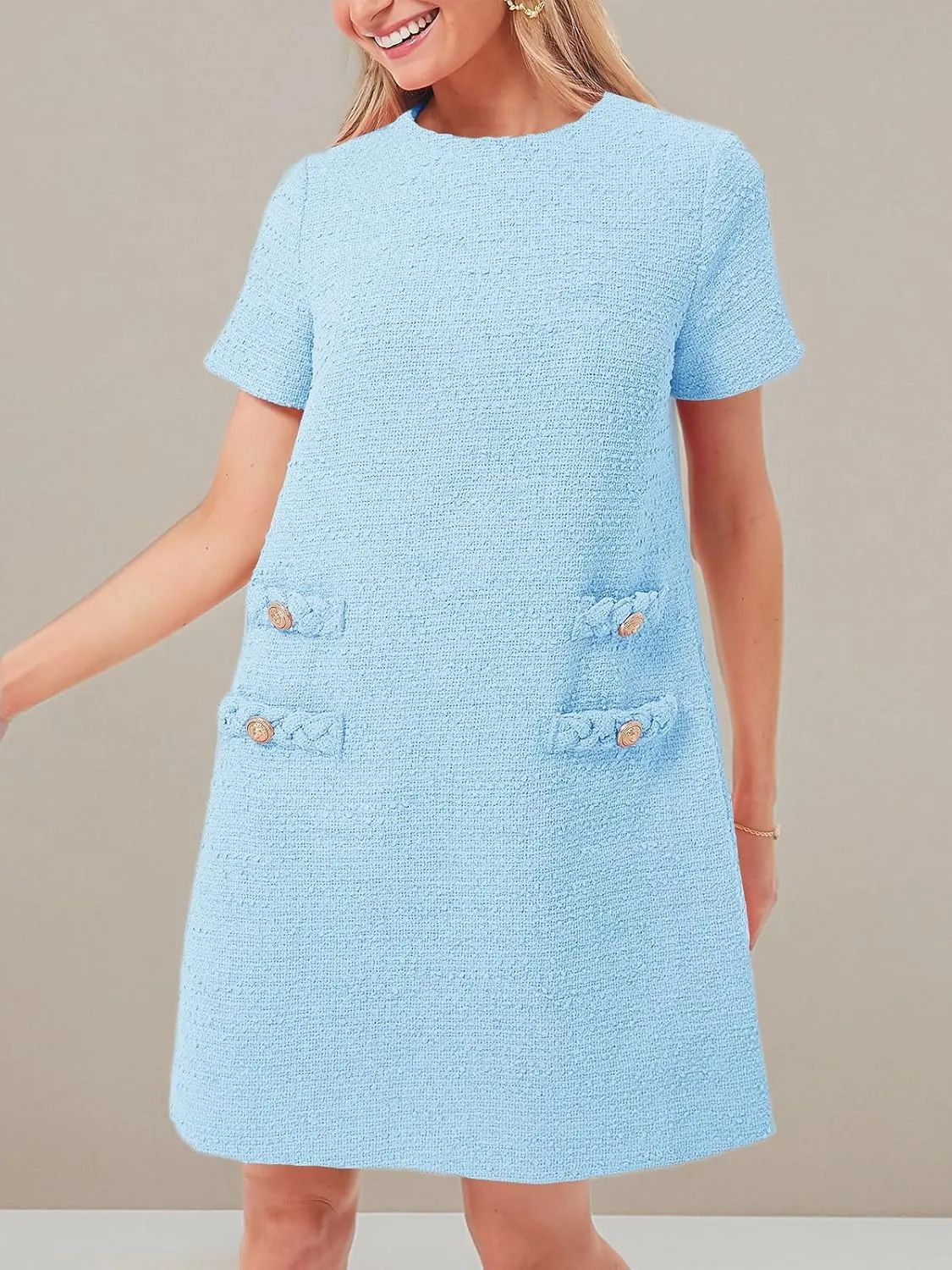 Wenrine Women's Tweed Mini Dress Short Sleeve Crew Neck Work Office Elagant Formal Summer A Line Dresses