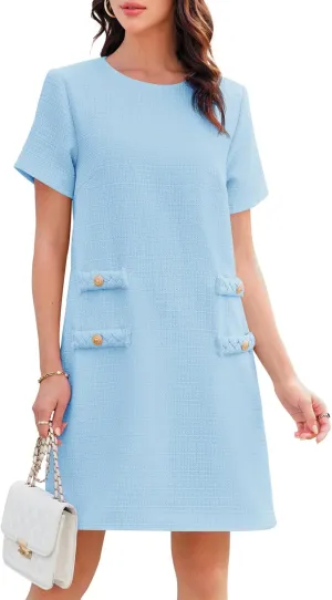 Wenrine Women's Tweed Mini Dress Short Sleeve Crew Neck Work Office Elagant Formal Summer A Line Dresses