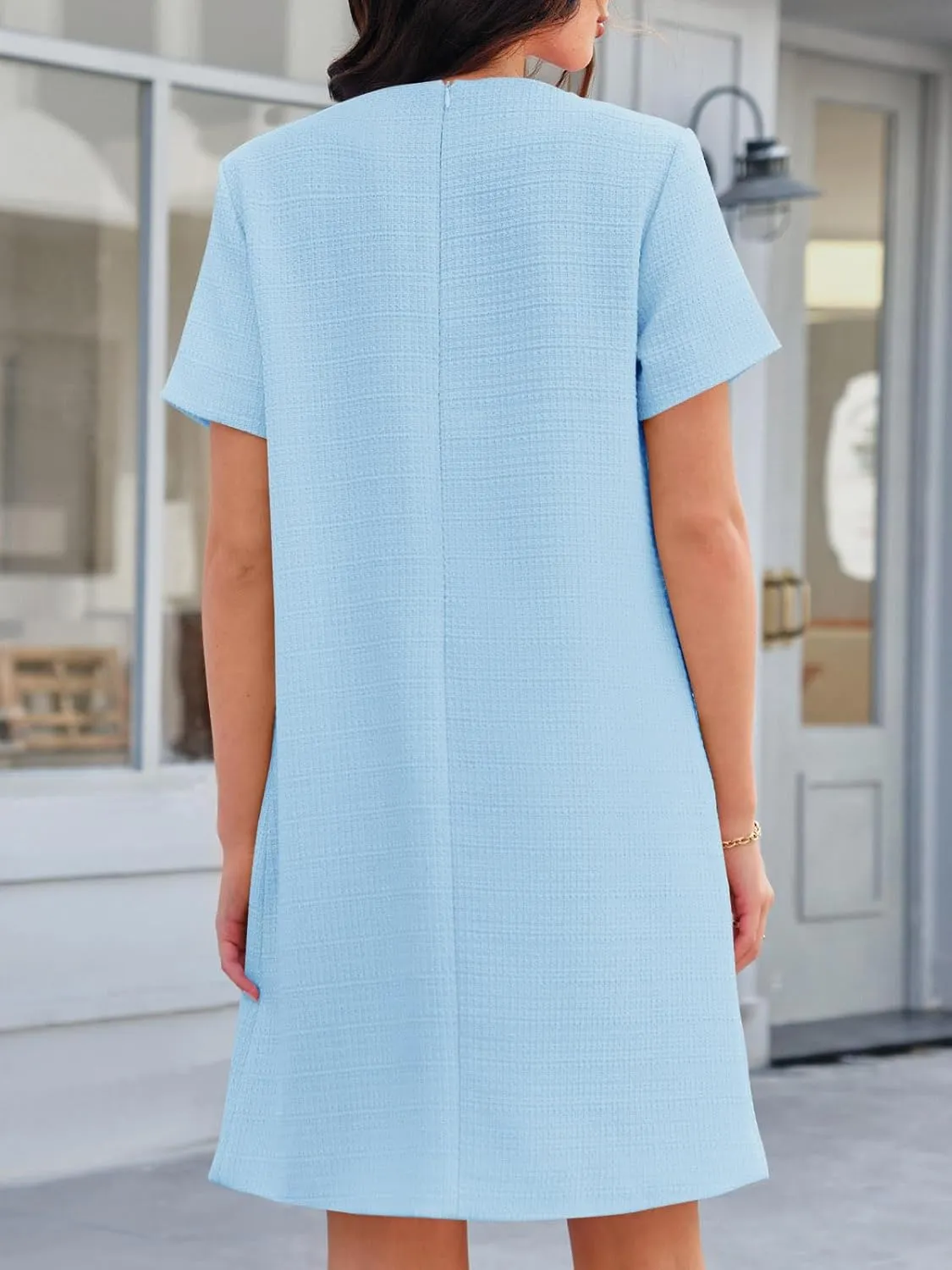 Wenrine Women's Tweed Mini Dress Short Sleeve Crew Neck Work Office Elagant Formal Summer A Line Dresses