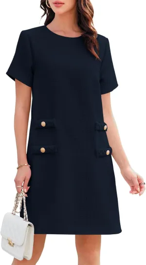 Wenrine Women's Tweed Mini Dress Short Sleeve Crew Neck Work Office Elagant Formal Summer A Line Dresses