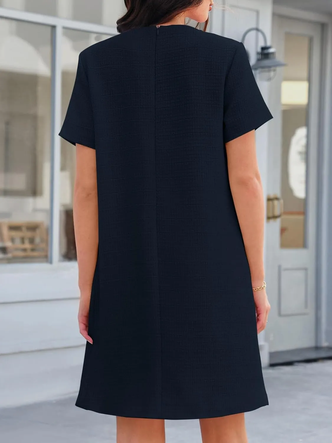 Wenrine Women's Tweed Mini Dress Short Sleeve Crew Neck Work Office Elagant Formal Summer A Line Dresses