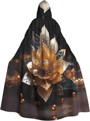 White delicate lotus flower Pattern Hooded Cloak for Halloween, Role-playing, Costume Parties, and More