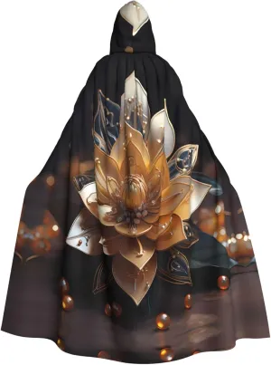 White delicate lotus flower Printed Halloween Adult Hooded Cloak for Cosplay Costumes and Theme Parties