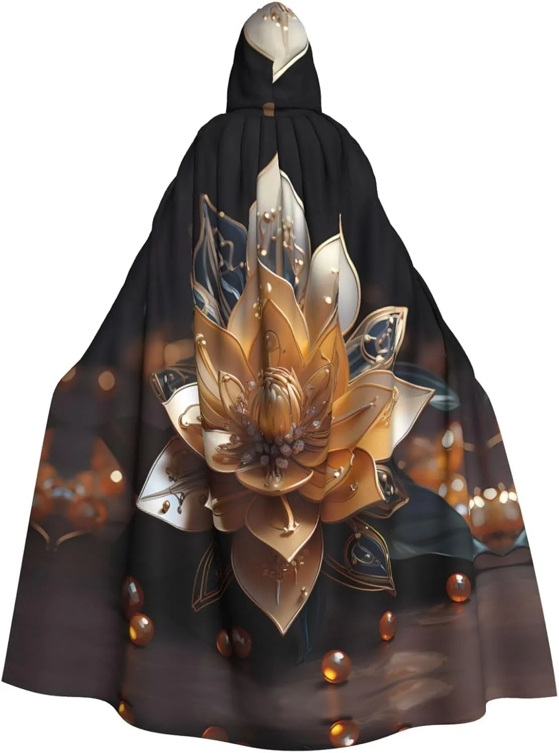 White delicate lotus flower Prints Halloween Adult Hooded Cloak for Costume Parties and Theme Events