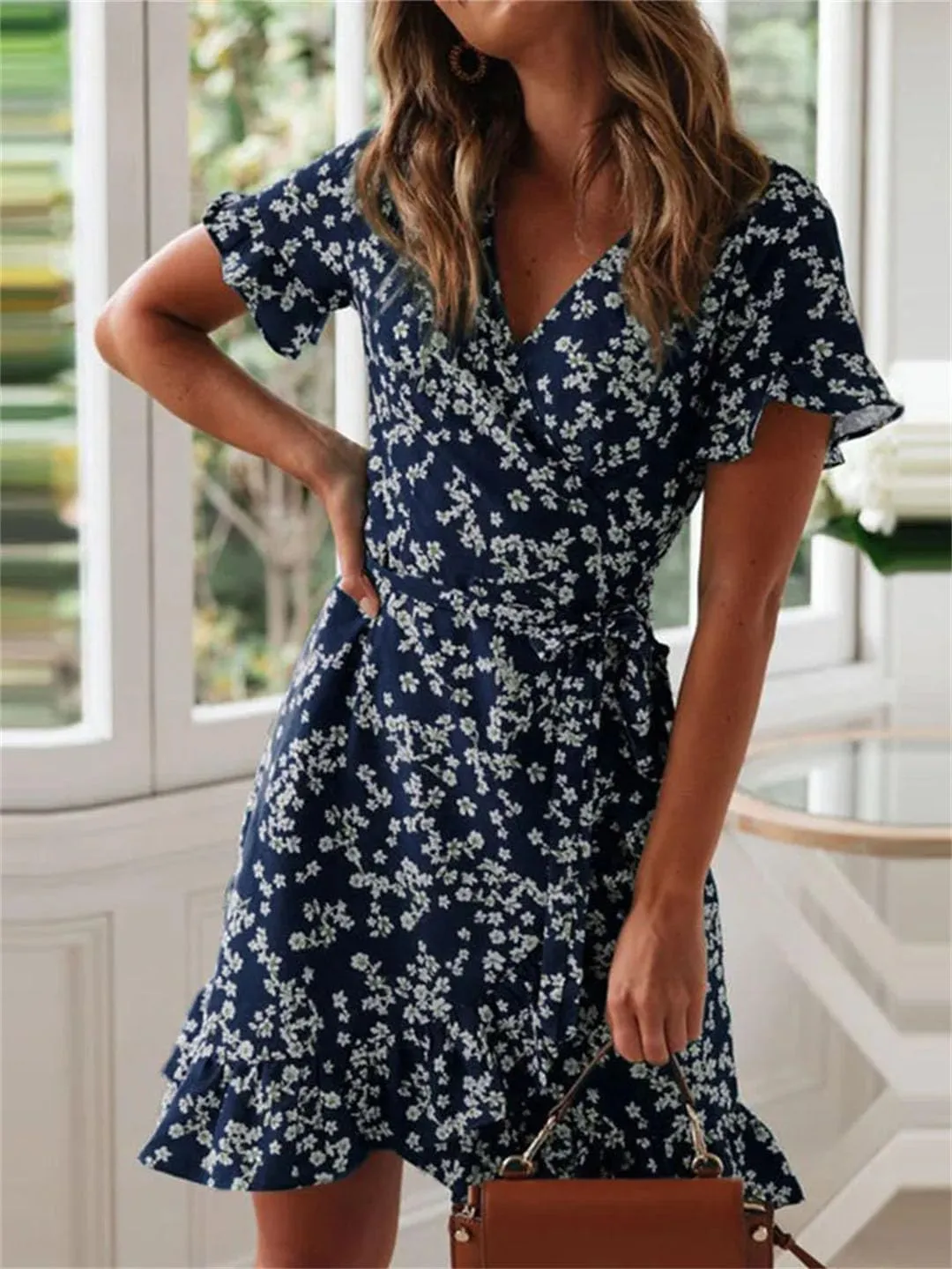 Women Bohemian Floral Print V Neck Short Sleeve A Line Chiffon Mini Dress Lace Up Casual Sundress
