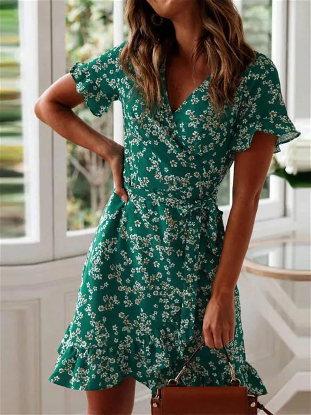Women Bohemian Floral Print V Neck Short Sleeve A Line Chiffon Mini Dress Lace Up Casual Sundress