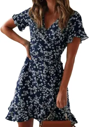 Women Bohemian Floral Print V Neck Short Sleeve A Line Chiffon Mini Dress Lace Up Casual Sundress
