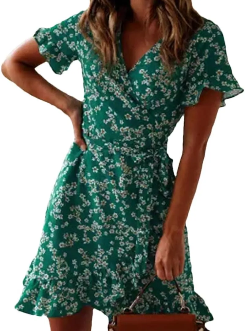 Women Bohemian Floral Print V Neck Short Sleeve A Line Chiffon Mini Dress Lace Up Casual Sundress