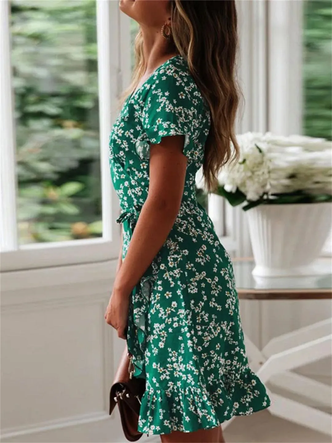 Women Bohemian Floral Print V Neck Short Sleeve A Line Chiffon Mini Dress Lace Up Casual Sundress