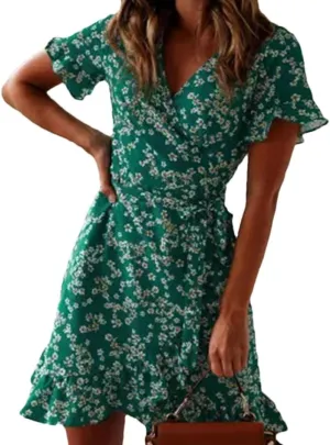 Women Bohemian Floral Print V Neck Short Sleeve A Line Chiffon Mini Dress Lace Up Casual Sundress