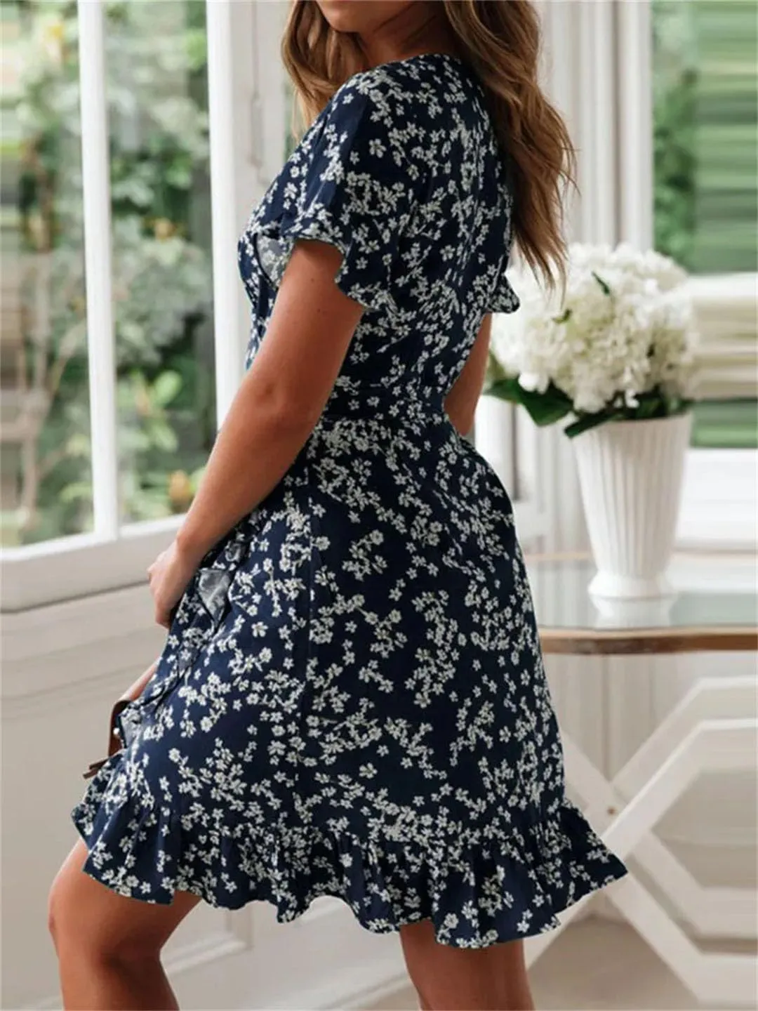 Women Bohemian Floral Print V Neck Short Sleeve A Line Chiffon Mini Dress Lace Up Casual Sundress