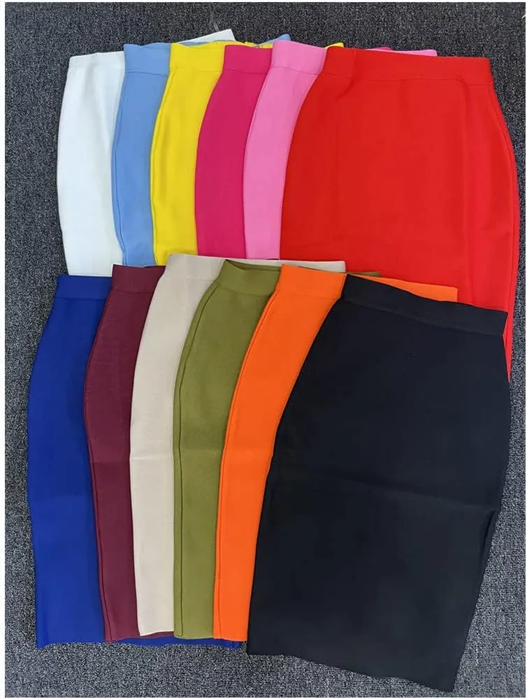 Women Candy Color Pencil Skirt Office Business Formal Knee Length Stretch Skirts
