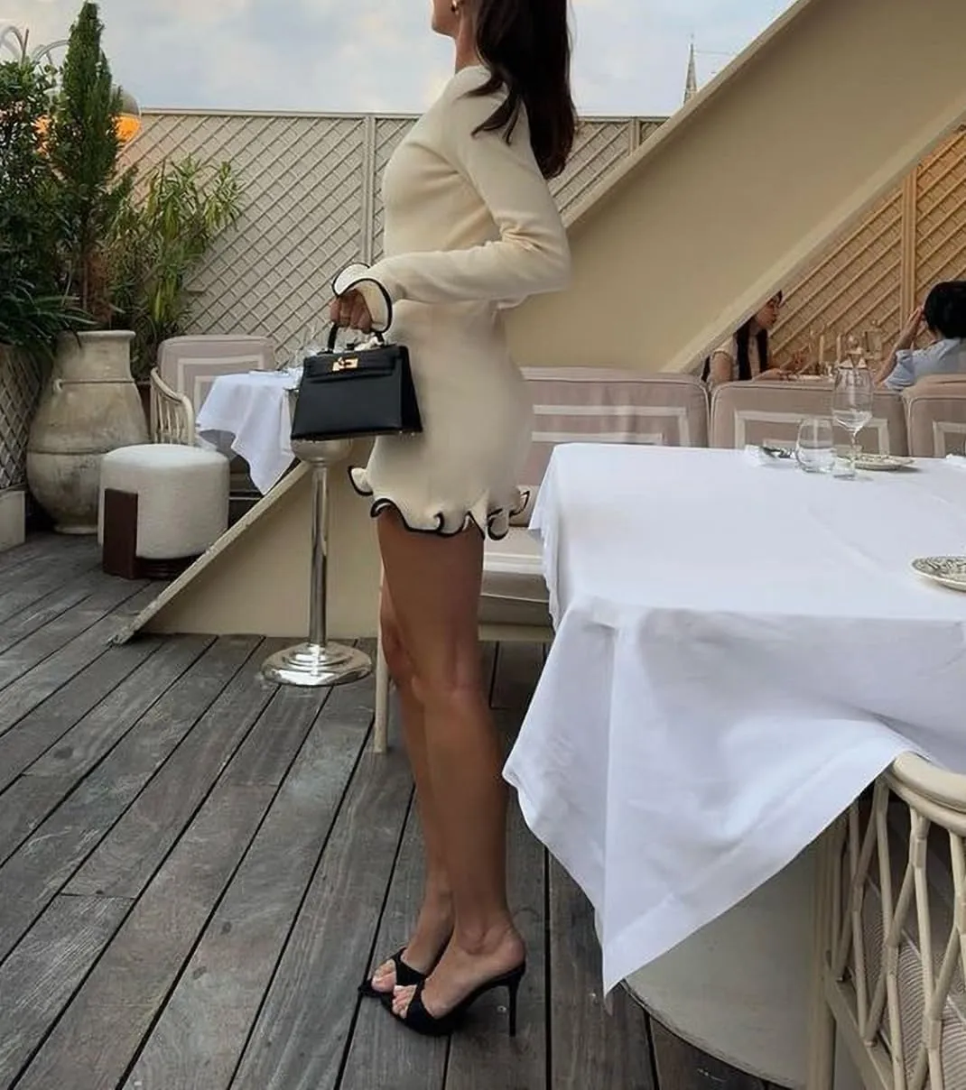 Women Elegant Long Sleeve Contrast Ruffle Knit Bodycon Mini Dress Boat Neck Y2k Sweater Short Cocktail Dresses