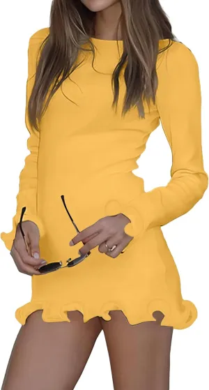 Women Elegant Long Sleeve Contrast Ruffle Knit Bodycon Mini Dress Boat Neck Y2k Sweater Short Cocktail Dresses