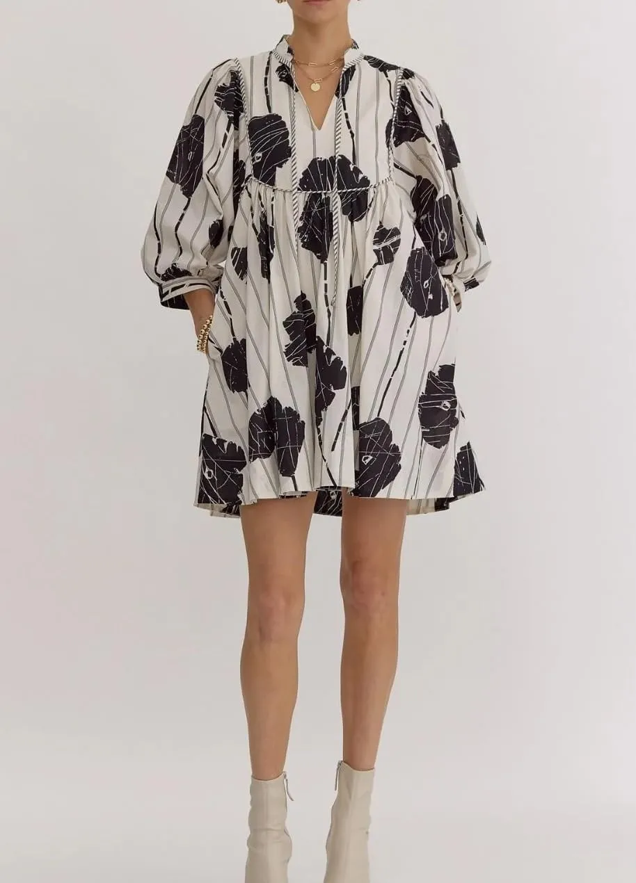 Women Floral Babydoll Mini Dress V Neck 3/4 Puff Sleeves A Line Flowy Swing Summer Sun Dresses