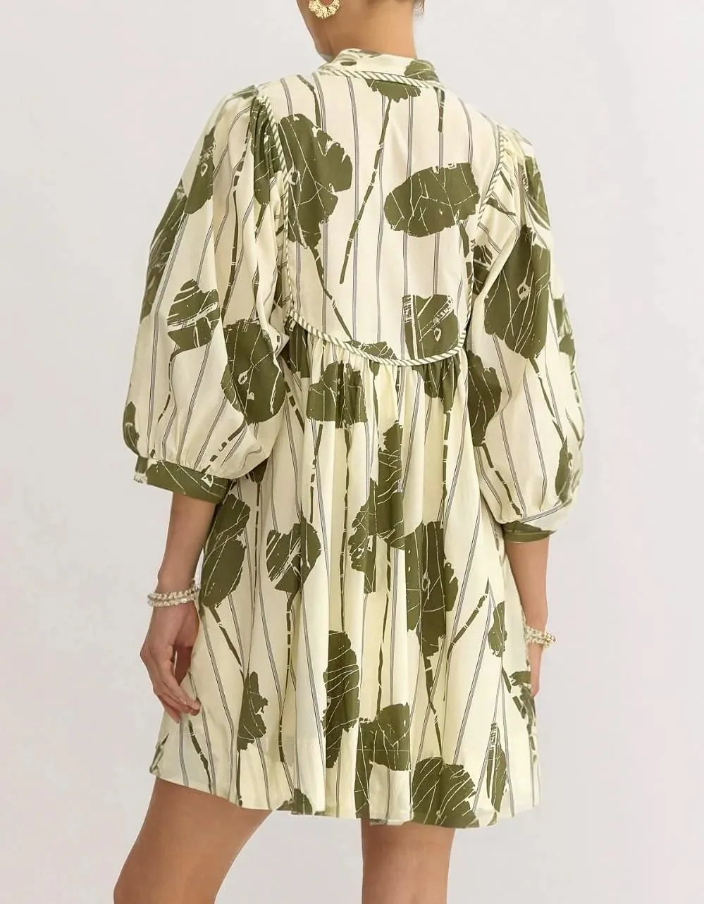 Women Floral Babydoll Mini Dress V Neck 3/4 Puff Sleeves A Line Flowy Swing Summer Sun Dresses