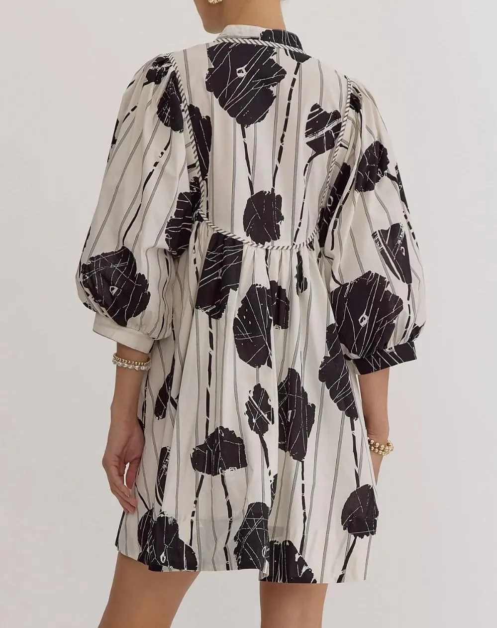 Women Floral Babydoll Mini Dress V Neck 3/4 Puff Sleeves A Line Flowy Swing Summer Sun Dresses