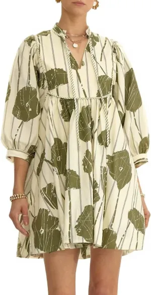 Women Floral Babydoll Mini Dress V Neck 3/4 Puff Sleeves A Line Flowy Swing Summer Sun Dresses