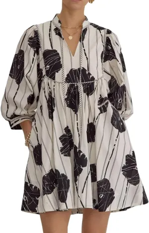 Women Floral Babydoll Mini Dress V Neck 3/4 Puff Sleeves A Line Flowy Swing Summer Sun Dresses