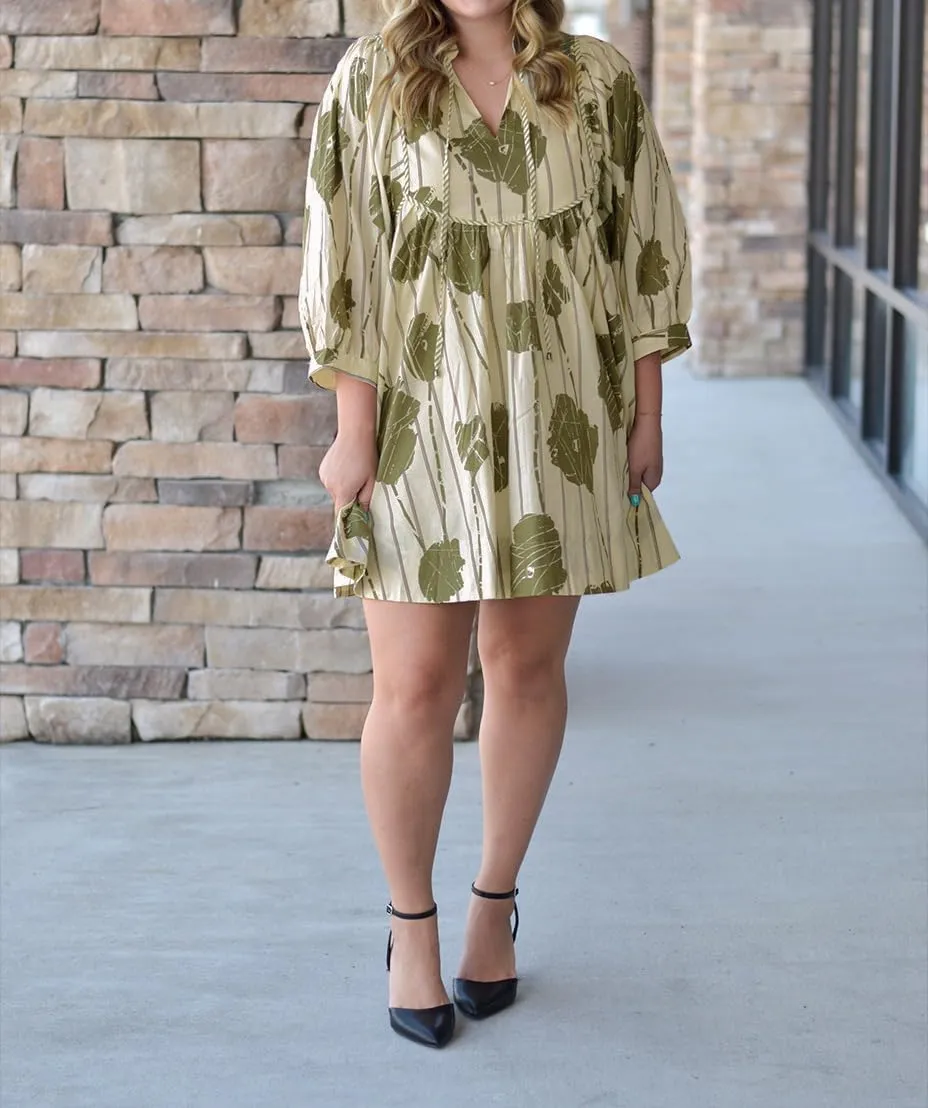 Women Floral Babydoll Mini Dress V Neck 3/4 Puff Sleeves A Line Flowy Swing Summer Sun Dresses