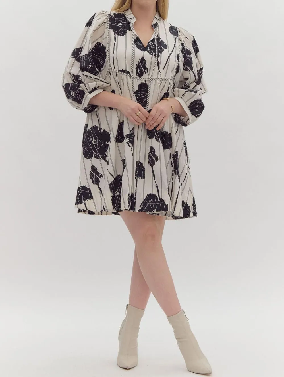 Women Floral Babydoll Mini Dress V Neck 3/4 Puff Sleeves A Line Flowy Swing Summer Sun Dresses