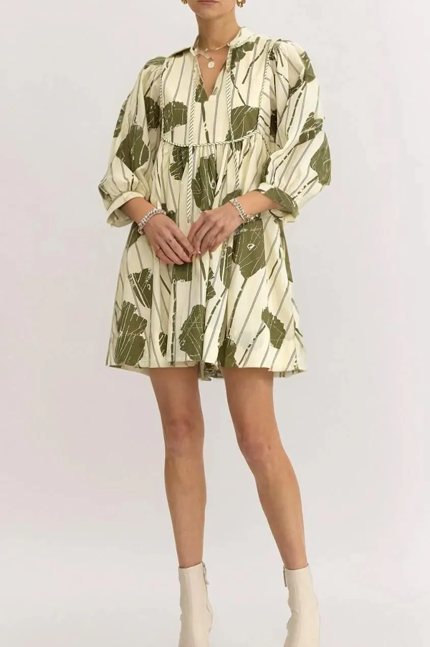 Women Floral Babydoll Mini Dress V Neck 3/4 Puff Sleeves A Line Flowy Swing Summer Sun Dresses