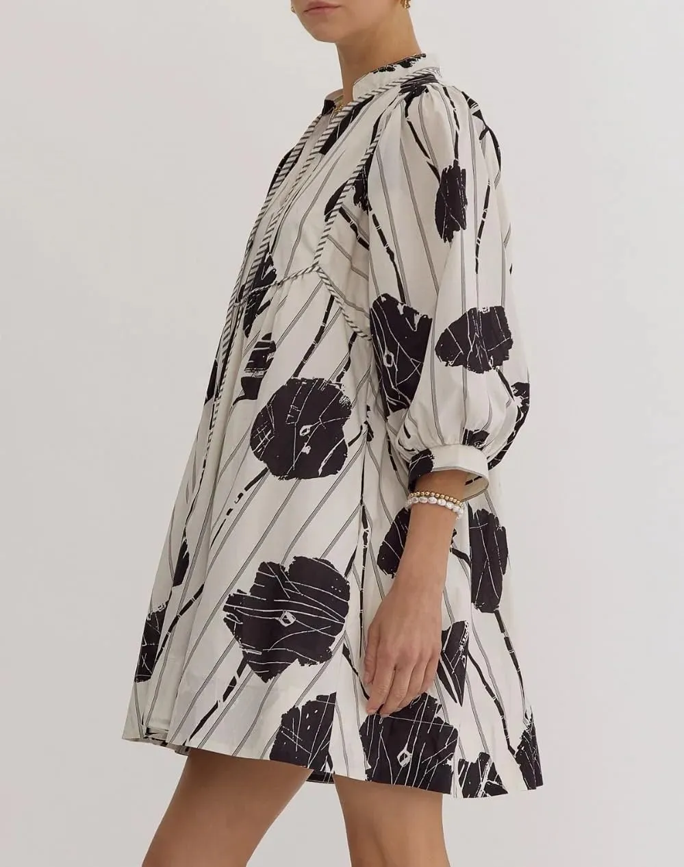 Women Floral Babydoll Mini Dress V Neck 3/4 Puff Sleeves A Line Flowy Swing Summer Sun Dresses