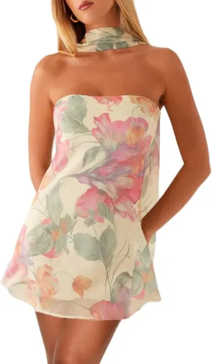 Women Floral Tube Strapless Mini Dress Y2k Cute with Scarf Short Dresses Bodycon Backless Beach Formal Sundress