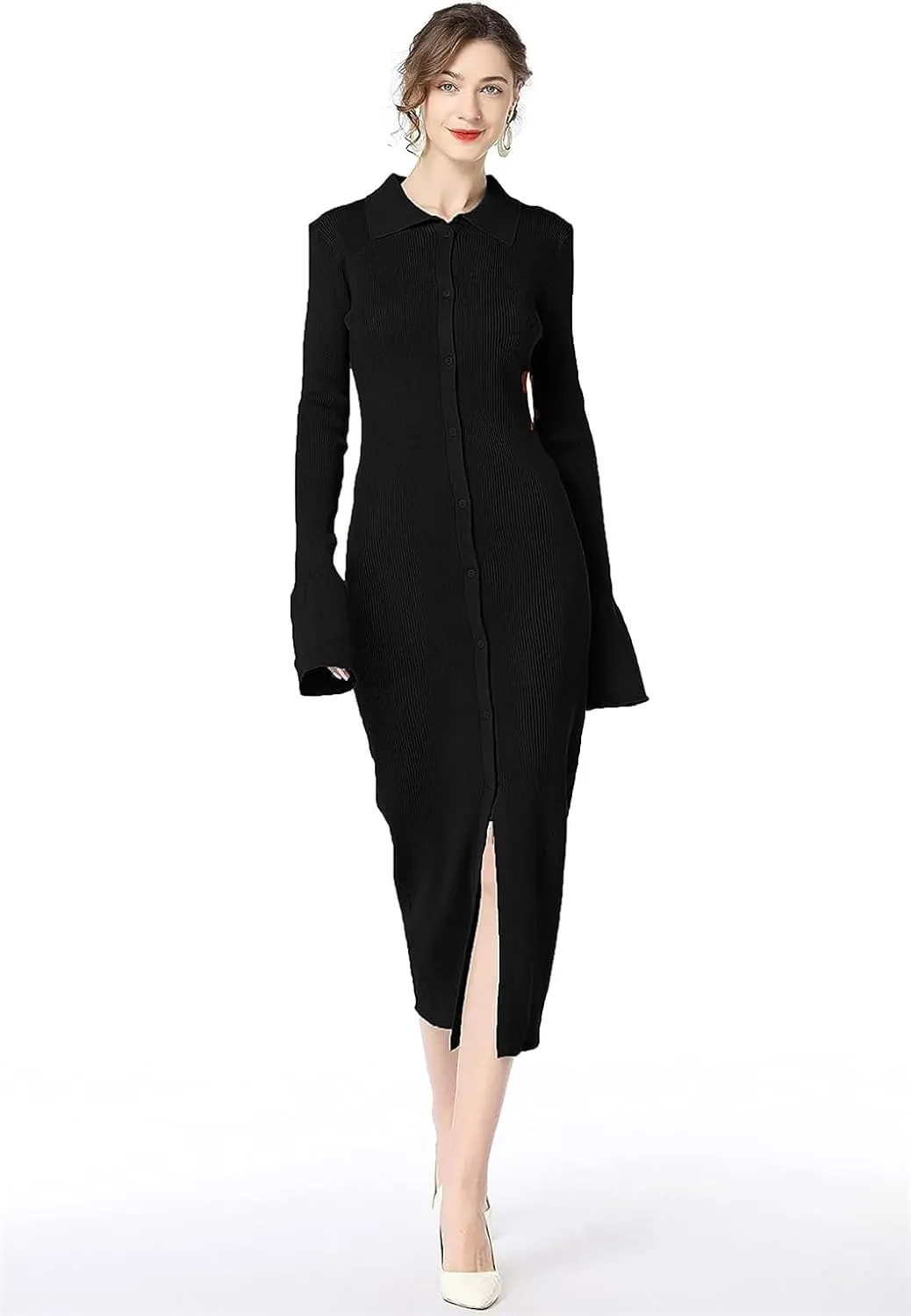 Women Knitted Sweater Single Breasted Lapel Cardigan Long Sleeve Dress