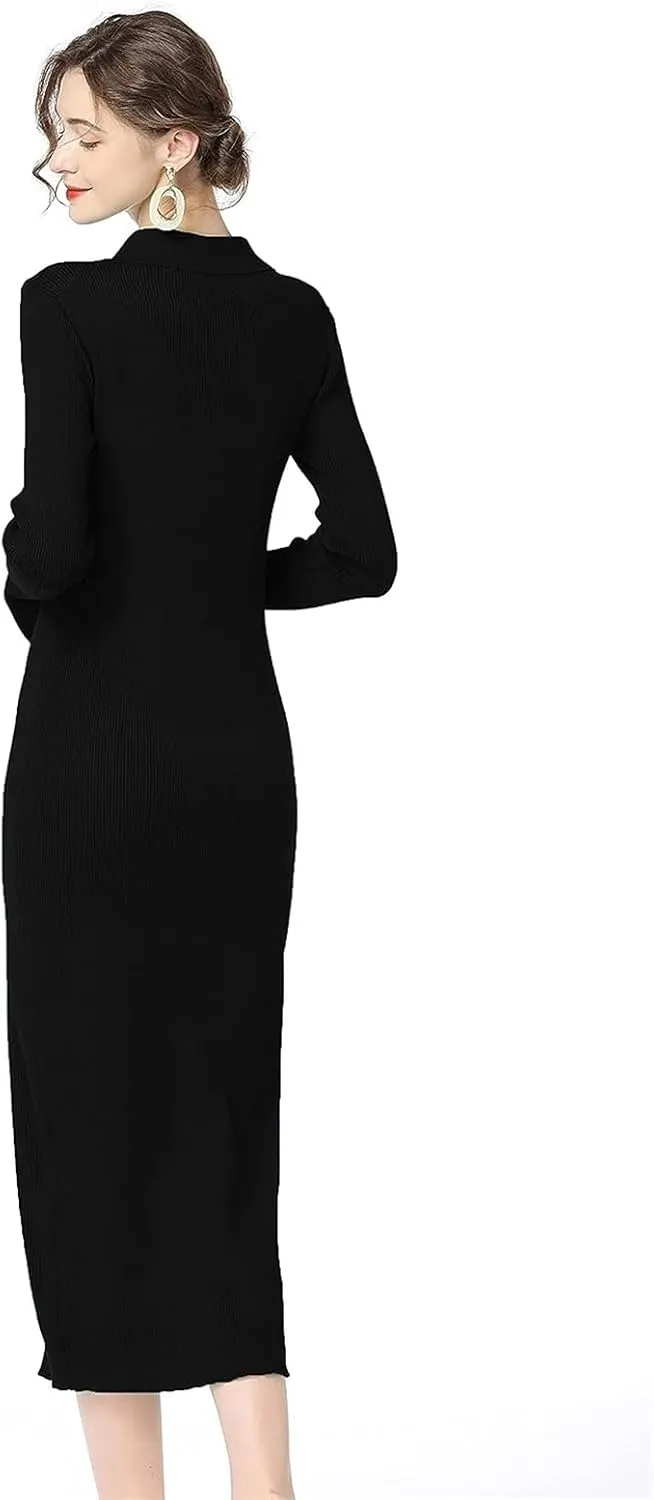 Women Knitted Sweater Single Breasted Lapel Cardigan Long Sleeve Dress