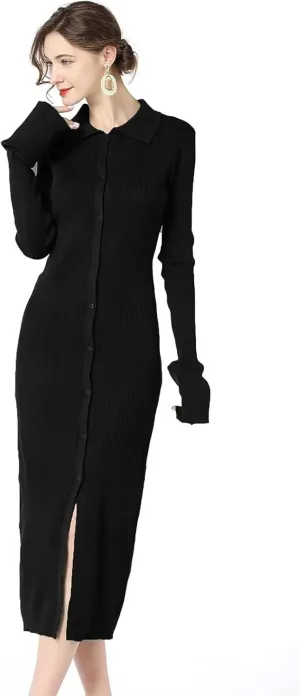 Women Knitted Sweater Single Breasted Lapel Cardigan Long Sleeve Dress