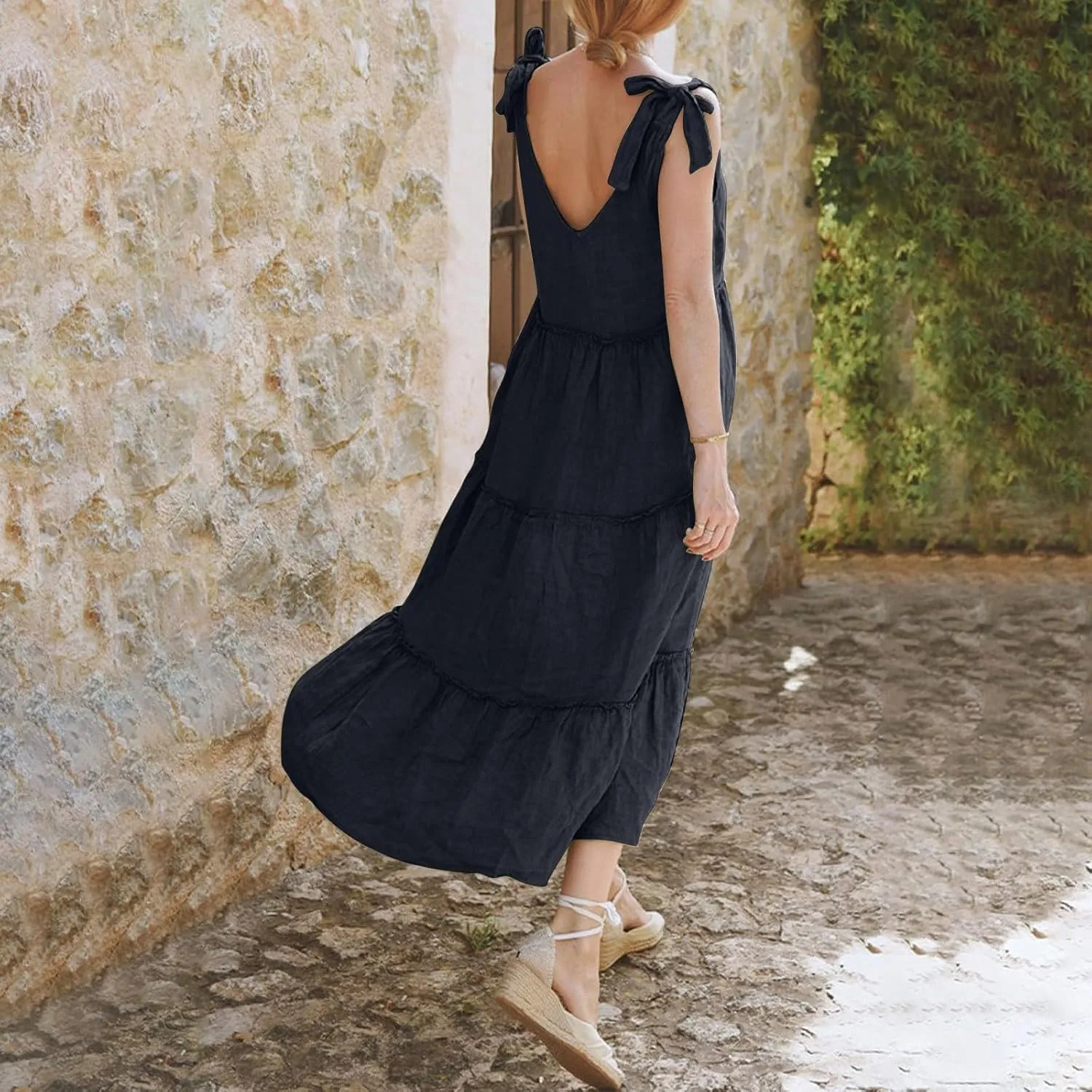 Women Linen Dress Summer Sleeveless Maxi Dresses Spaghetti Strap Flowy Dress Boho Beach Long Dresses Casual Sundress