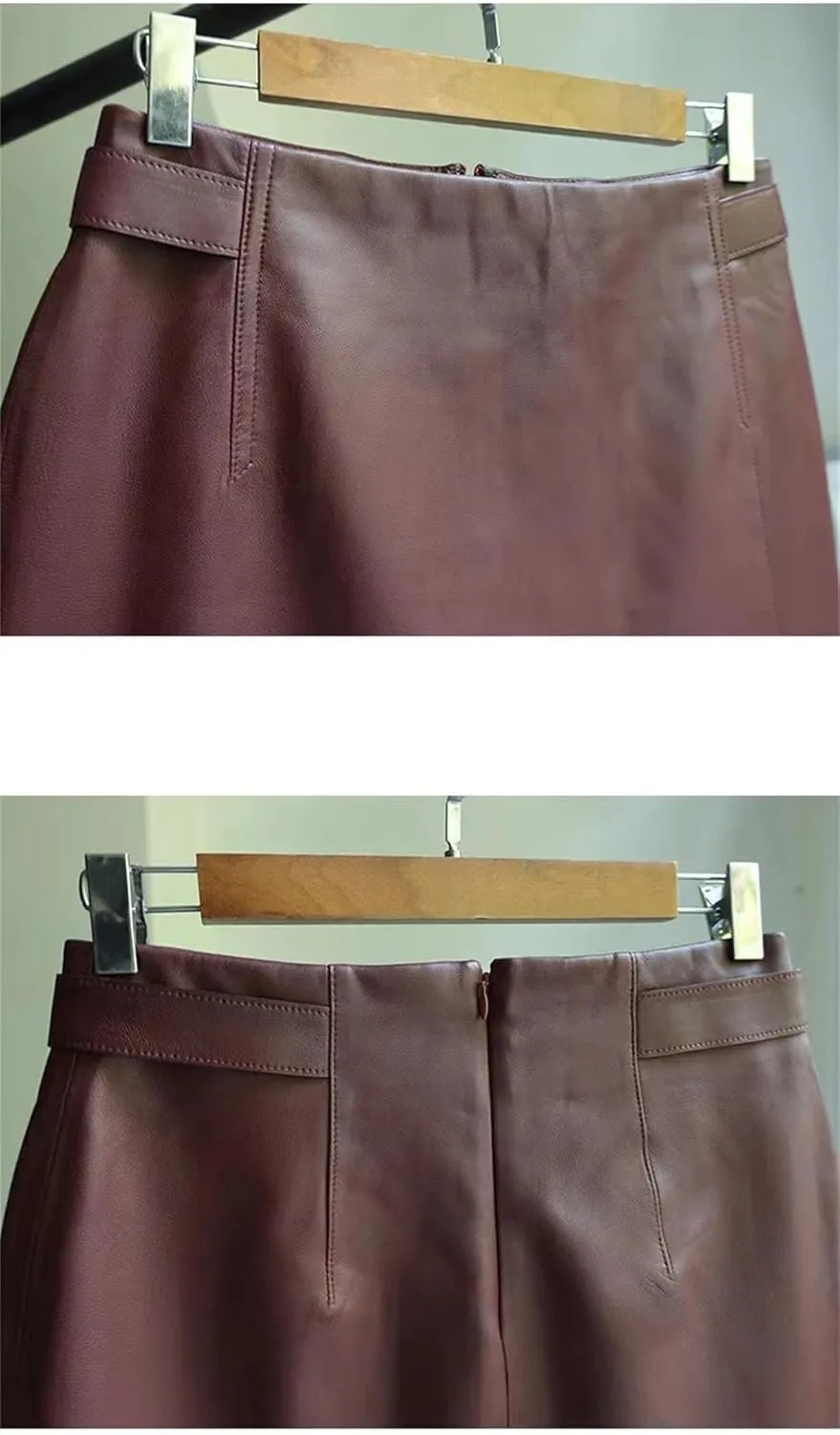 Women Minimalist Classic Lambskin Pencil Skirt Genuine Sheepskin Burgundy Midi Side Belt Slit Short Skirt