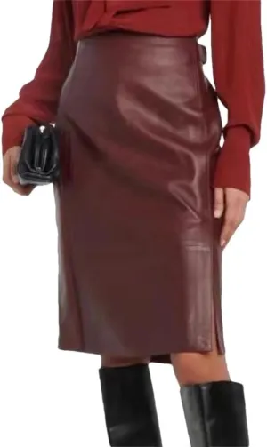 Women Minimalist Classic Lambskin Pencil Skirt Genuine Sheepskin Burgundy Midi Side Belt Slit Short Skirt