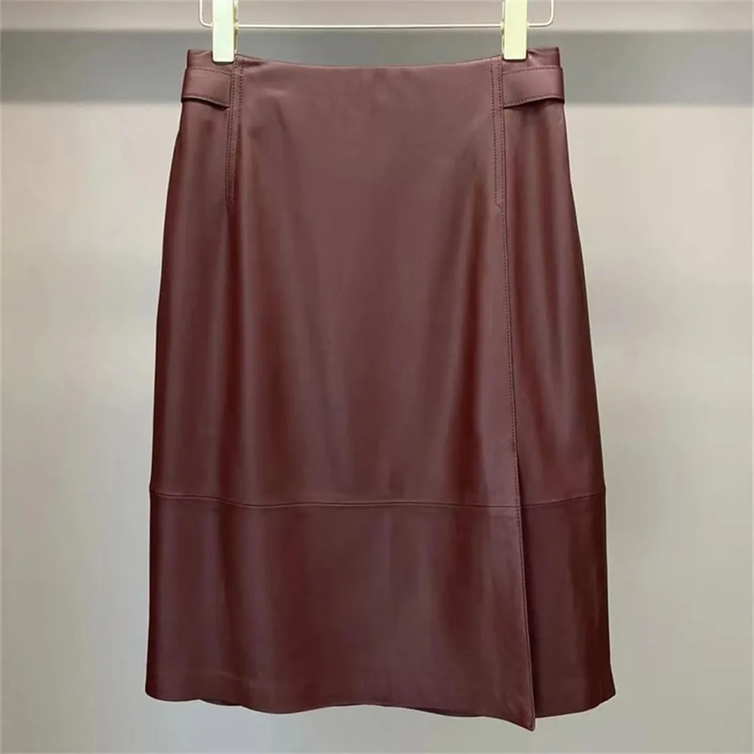 Women Minimalist Classic Lambskin Pencil Skirt Genuine Sheepskin Burgundy Midi Side Belt Slit Short Skirt
